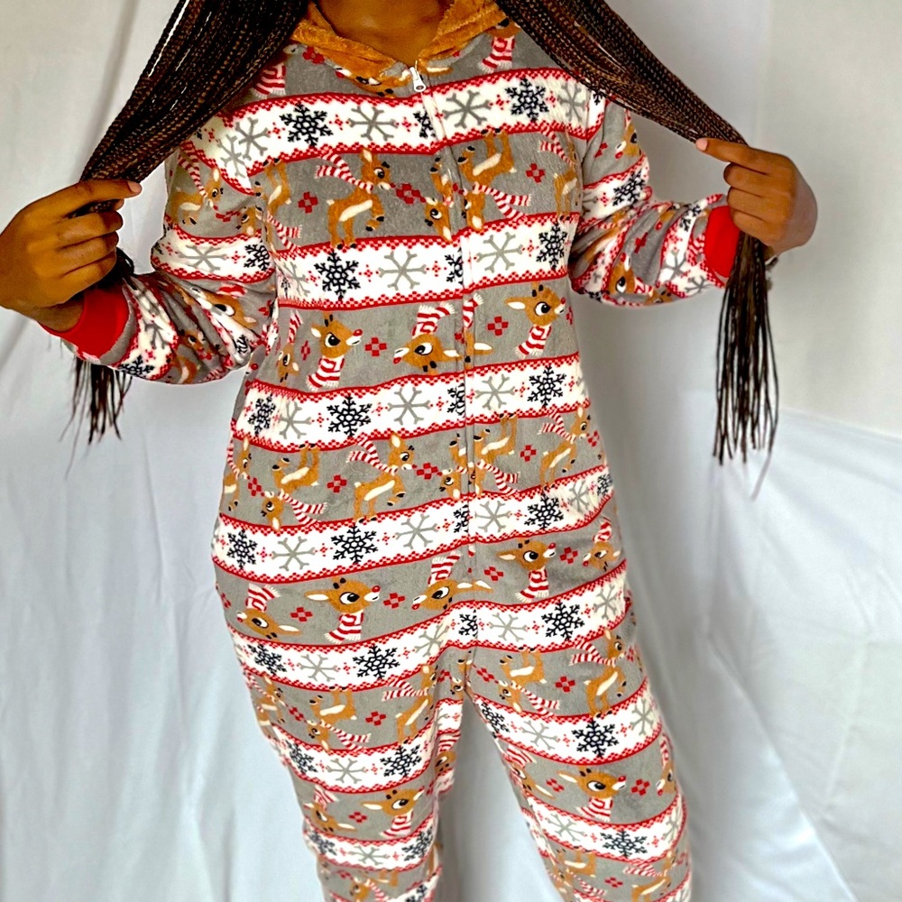 Reindeer Print Fleece Onesie Pajama – Size S/M (Rudolph Hood)